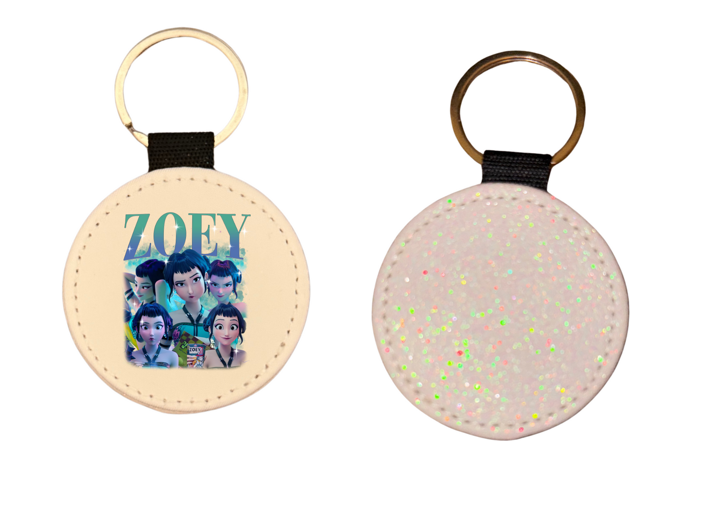 White glittery Keyring personalised with any custom image and text or ready made design
