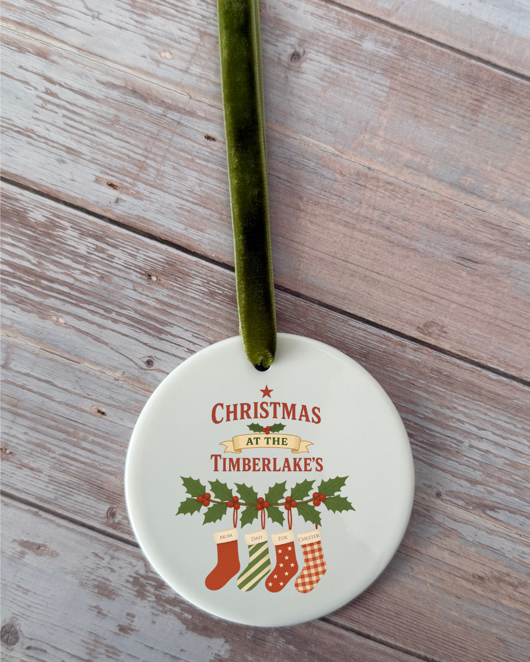 Christmas family stocking ornament with red / green velvet ribbon to hang