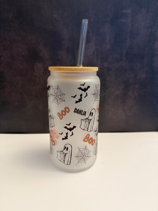 Halloween frosted tumbler with bamboo lid and glass straw