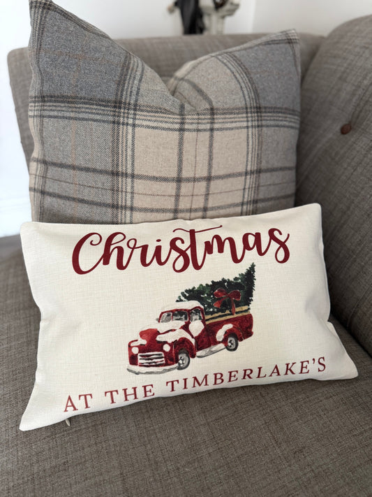 “At the ( FAMILY NAME ) “ 30cm x 50cm Linen cushion cover vintage truck and tree