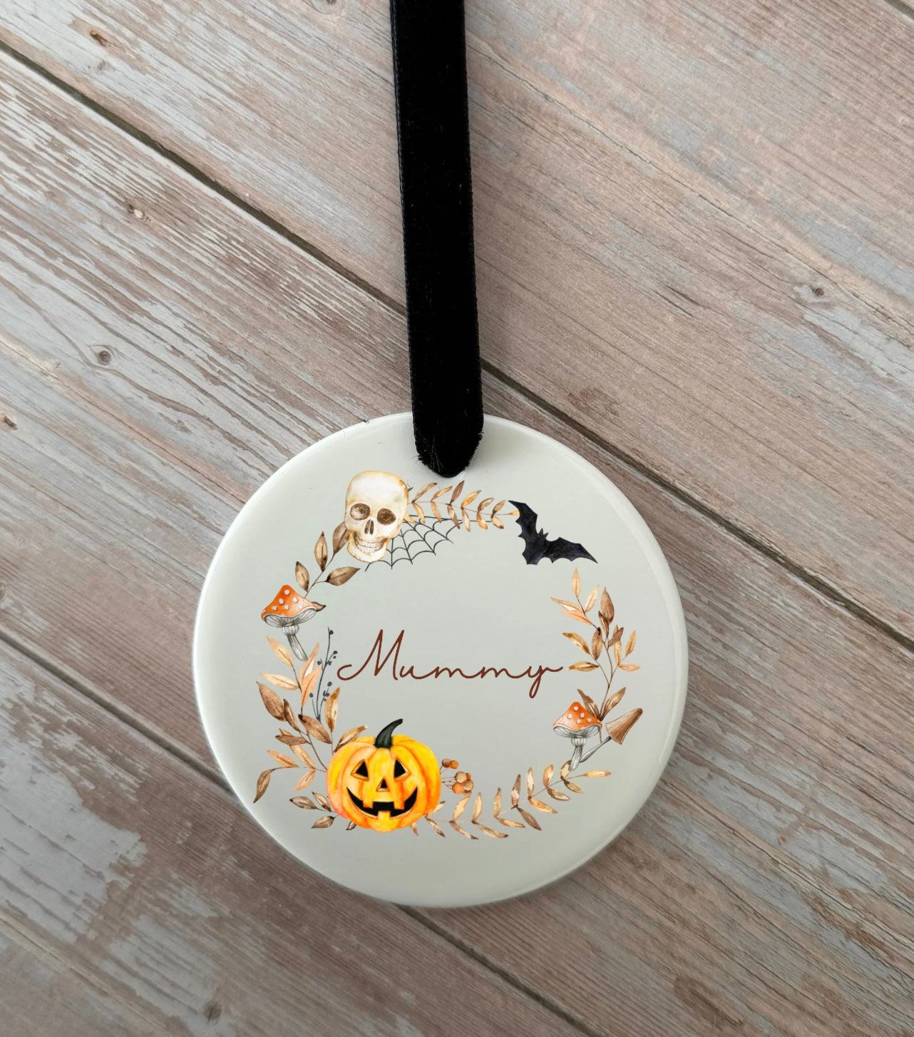Personalised halloween acrylic hanging disk with velvet ribbon 👻
