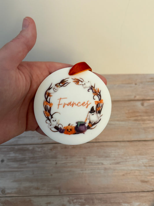 Personalised halloween acrylic hanging disk with velvet ribbon 👻
