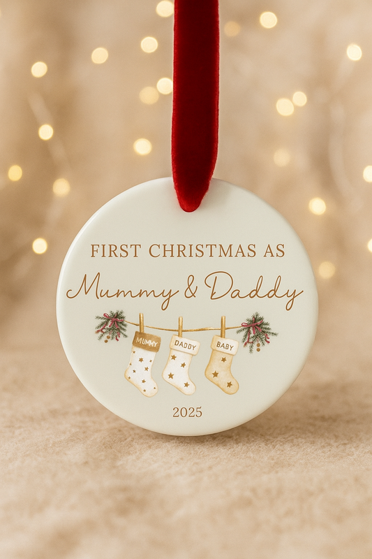 First Christmas as mummy and daddy hanging ceramic ornament with beautiful red velvet ribbon