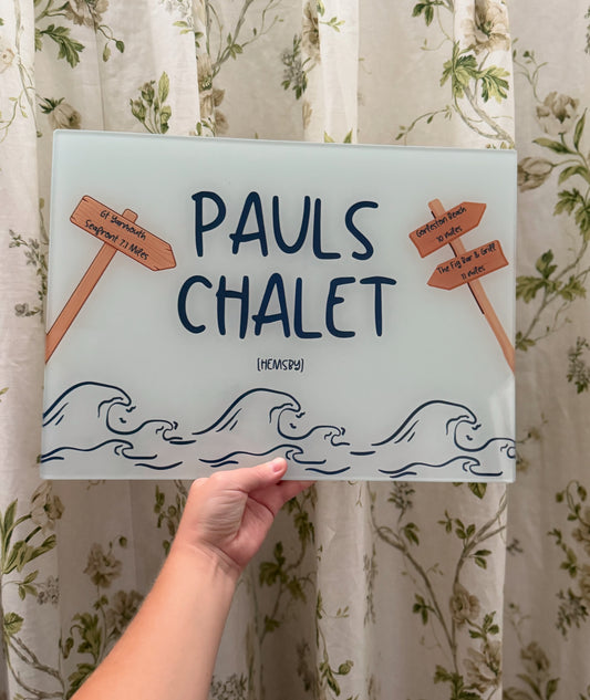 Personalised beach house / chalet kitchen A3 chopping board