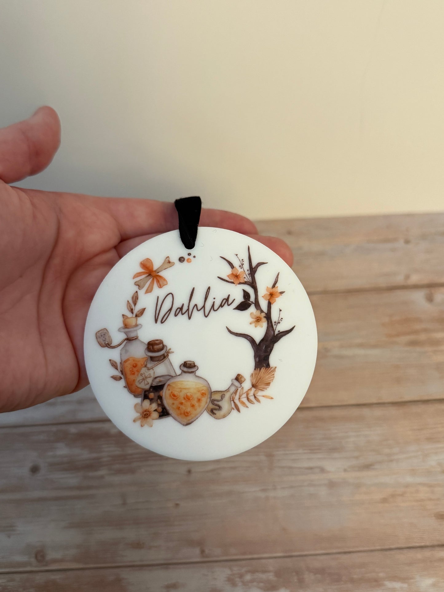 Personalised halloween acrylic hanging disk with velvet ribbon 👻