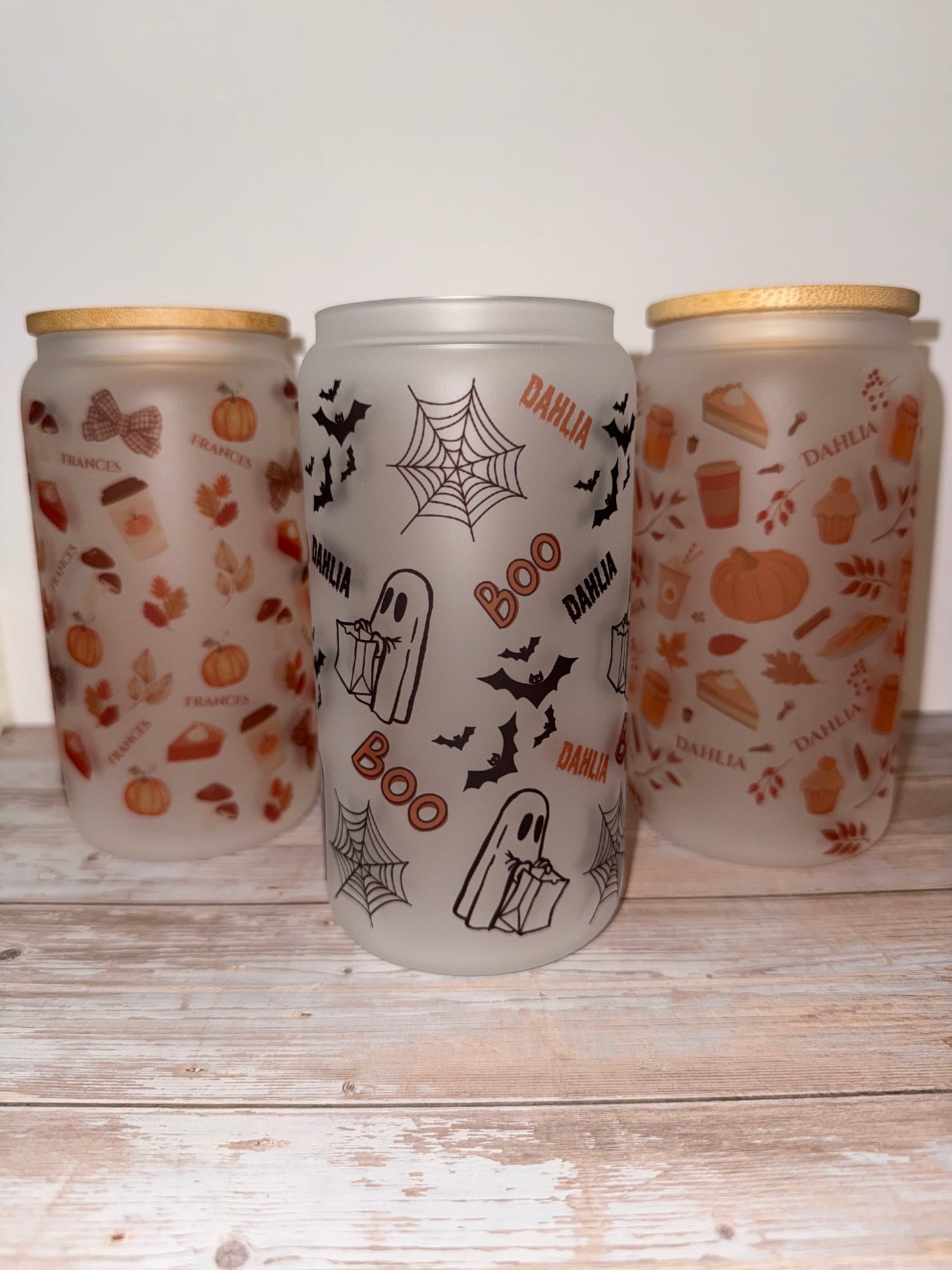 Frosted Autumnal Glass tumblers with bamboo lid and glass straw