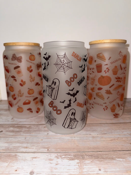 Frosted Autumnal Glass tumblers with bamboo lid and glass straw