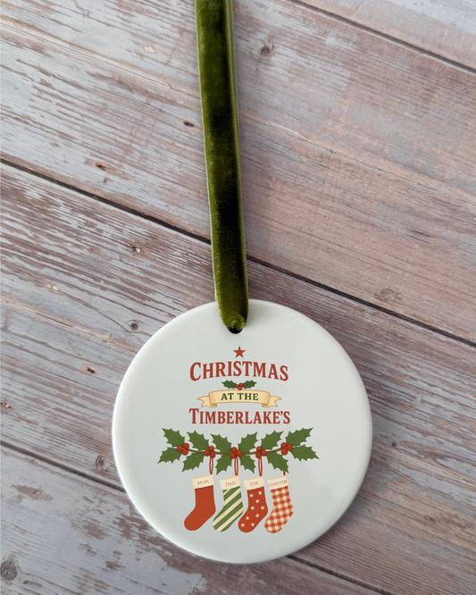 Christmas family stocking ornament with red / green velvet ribbon to hang