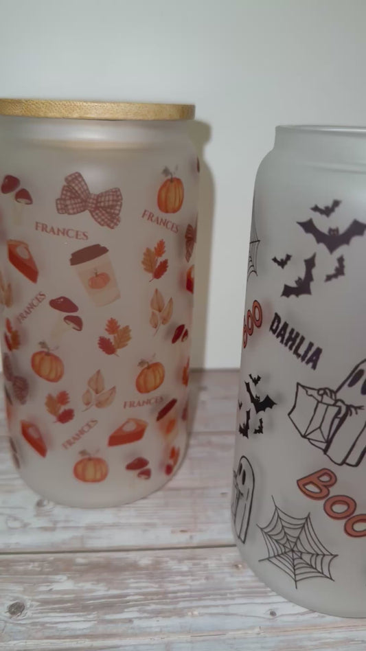 Frosted Autumnal Glass tumblers with bamboo lid and glass straw